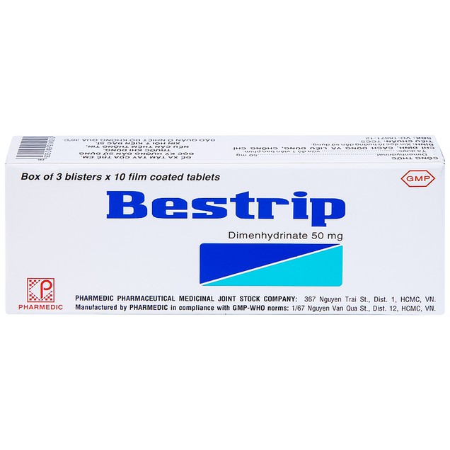 Thuốc Bestrip 50mg Pharmedic điều trị các chứng buồn nôn, say tàu xe (3 vỉ x 10 viên)