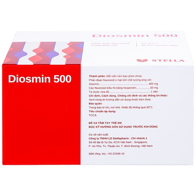Thuốc Diosmin 500 Stella điều trị suy tĩnh mạch, mạch bạch huyết (6 vỉ x 10 viên)