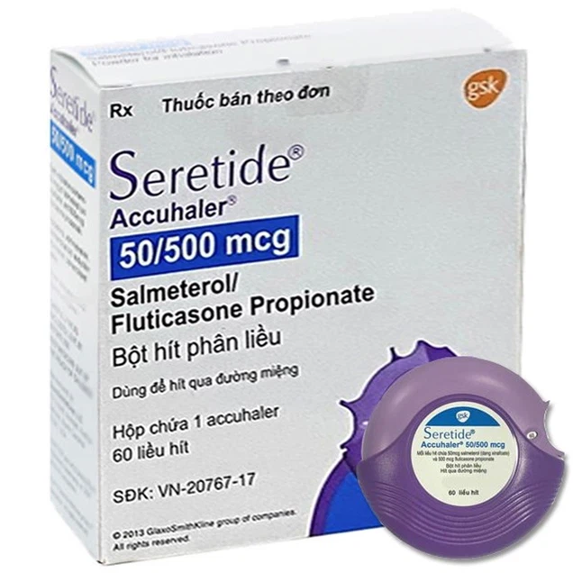 Bột hít phân liều Seretide Accuhaler 50/500 Gsk hỗ trợ điều trị hen phế quản (60 liều)